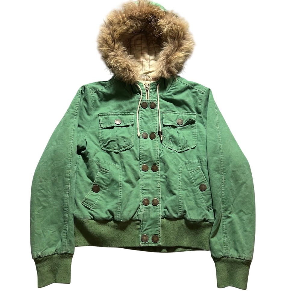 JLO by Jennifer Lopez Bomber Jacket Womens XL Green Raccoon Fur Hood Utility